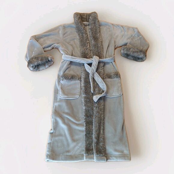 Pottery Barn Bathrobe Faux Fur Trim Gray Womens Long Plush Cozy - Picture 1 of 6